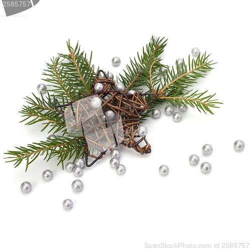 Image of Christmas decoration with greeting card isolated on white backgr
