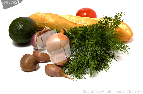 Image of vegetable and bread isolated on white 