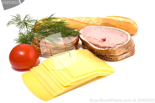 Image of meat and cheese slices isolated on white 