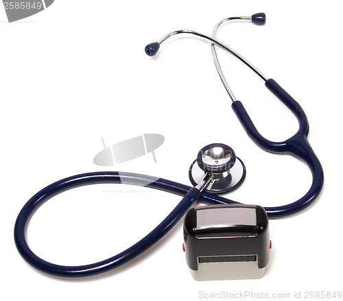 Image of stethoscope and doctor seal isolated on white background