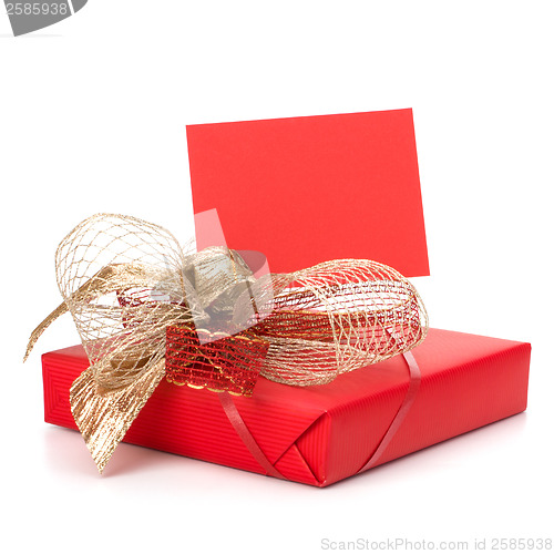 Image of Luxurious gift with note isolated on white background 