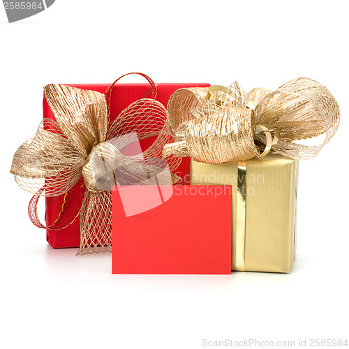 Image of 
Luxurious gifts with note isolated on white background 
