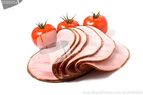 Image of sliced smoked meat isolated on white background