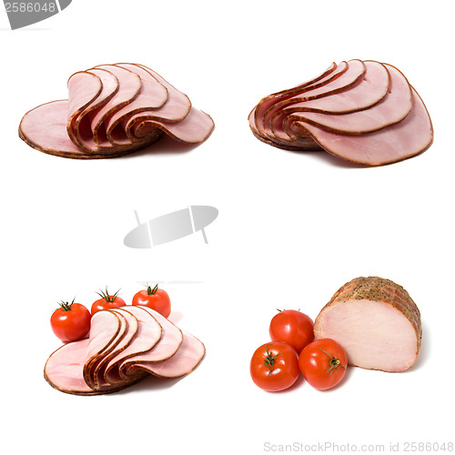 Image of sliced smoked ham isolated on white background 

