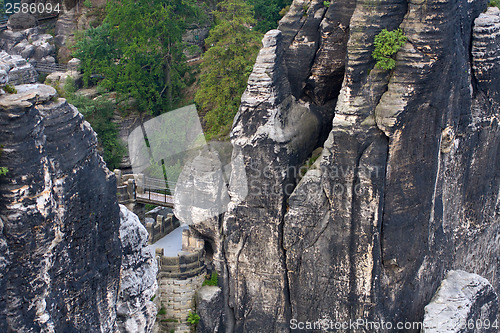 Image of German National Park Sachsische Schweiz. Bastei bridge elements.