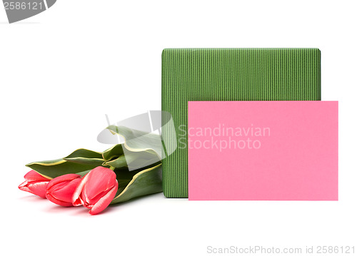 Image of gift with pink tulips  isolated on white background