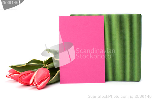 Image of gift with pink tulips  isolated on white background