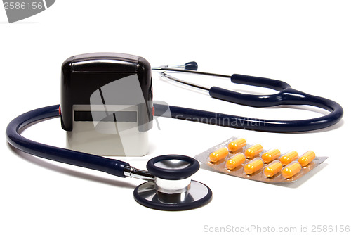 Image of stethoscope and doctor seal isolated on white background