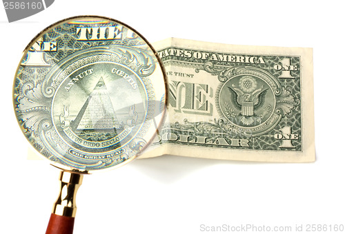 Image of hand magnifier over banknote isolated on white background