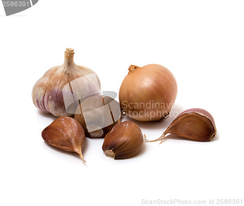 Image of Garlic and onion on the white background