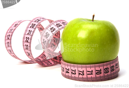 Image of  tape measure wrapped around the apple isolated on white backgro