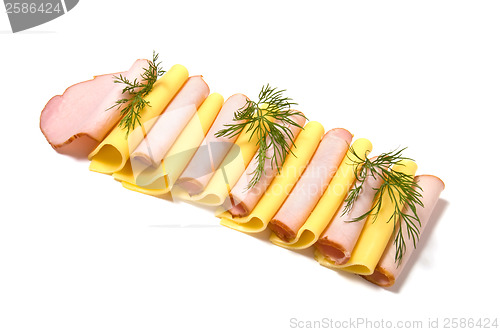 Image of meat and cheese slices isolated on white 