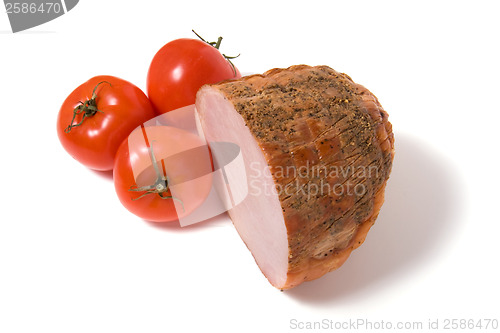 Image of smoked ham and  tomato isolated on white background