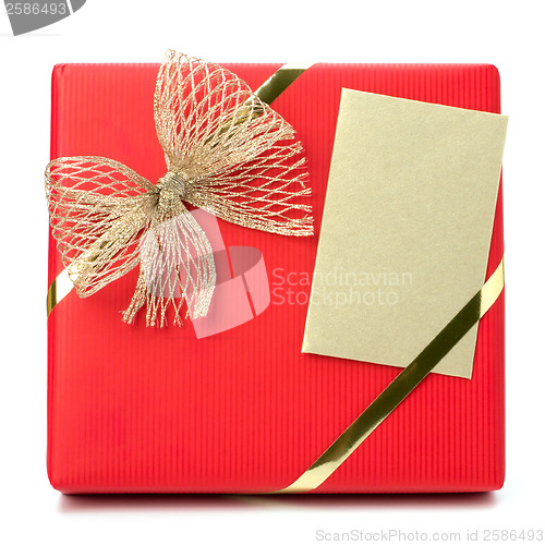 Image of Luxurious gift with note isolated on white background 