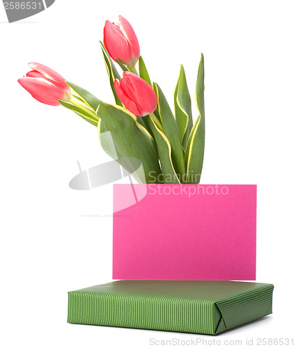 Image of gift with pink tulips  isolated on white background