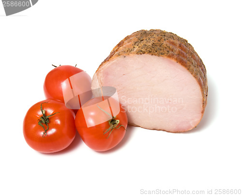 Image of smoked ham and  tomato isolated on white background