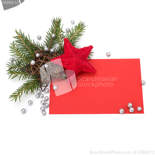 Image of Christmas decoration with greeting card isolated on white backgr