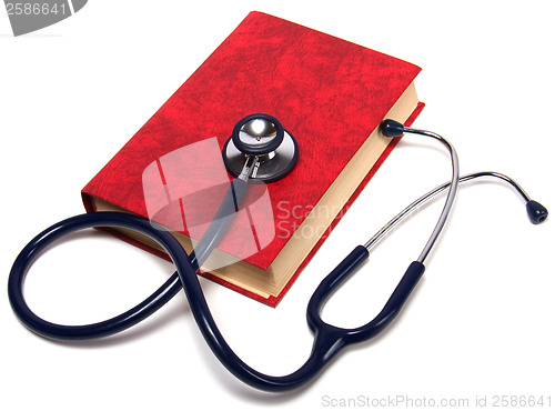 Image of stethoscope on red book isolated on white background