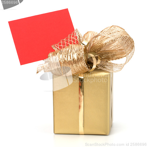 Image of Luxurious gift with note isolated on white background 