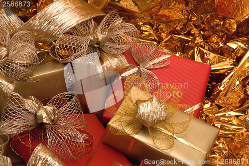 Image of Christmas background. Shiny gifts.
