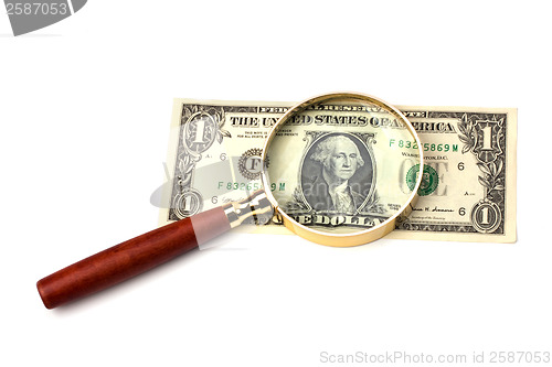 Image of hand magnifier over banknote isolated on white background