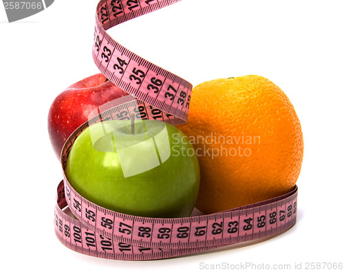 Image of  tape measure wrapped around fruits isolated on white background