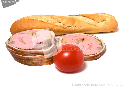 Image of bread and  meat  slices isolated on white 