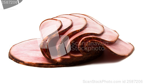 Image of sliced smoked meat isolated on white background