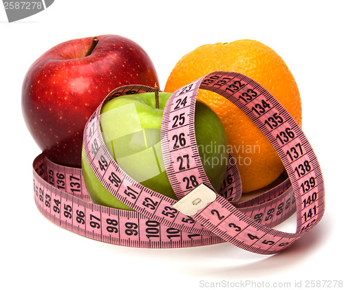 Image of  tape measure wrapped around fruits isolated on white background