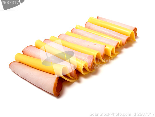 Image of meat and cheese slices isolated on white 