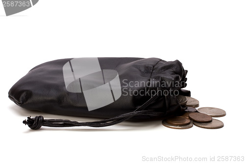 Image of Money in leather  bag isolated on white  background 