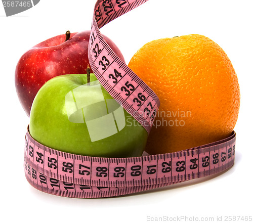 Image of  tape measure wrapped around fruits isolated on white background