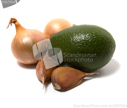 Image of Garlic, onion and avocado isolated