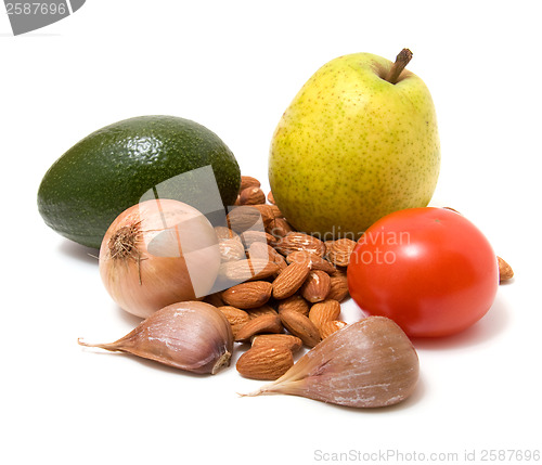 Image of vegetable, nuts and fruit  isolated on white