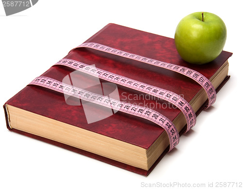 Image of tape measure wrapped around book isolated on white background