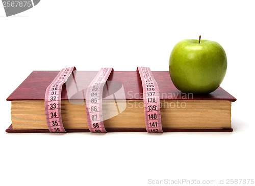 Image of tape measure wrapped around book isolated on white background