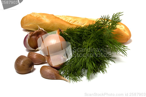 Image of vegetable and bread isolated on white 