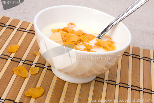 Image of Healthy breakfast. Bowl with corn flakes.