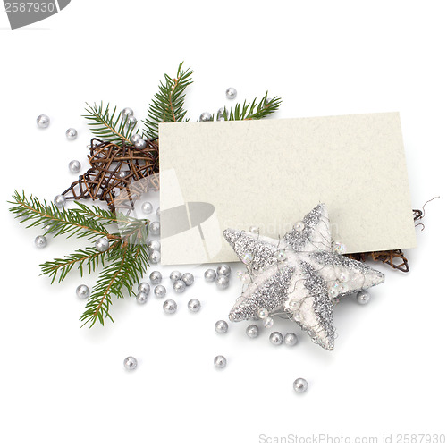Image of Christmas decoration with greeting card isolated on white backgr