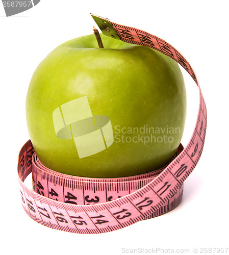 Image of  tape measure wrapped around the apple isolated on white backgro