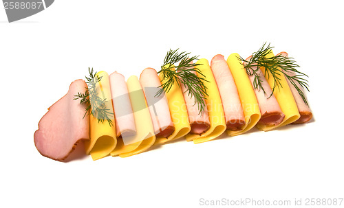 Image of meat and cheese slices isolated on white 