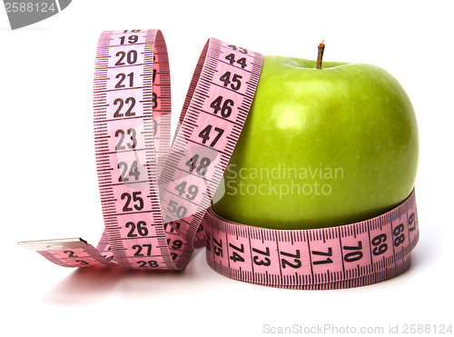 Image of  tape measure wrapped around the apple isolated on white backgro