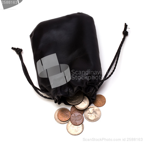 Image of Money in leather  bag isolated on white  background 