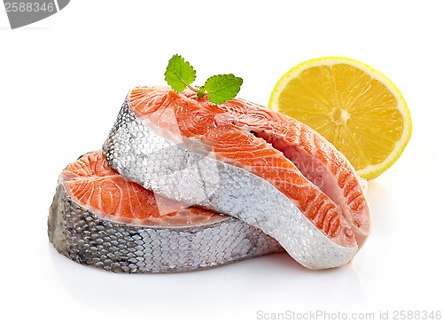 Image of fresh raw salmon steak slices