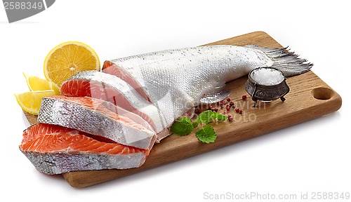 Image of fresh raw salmon steak slices