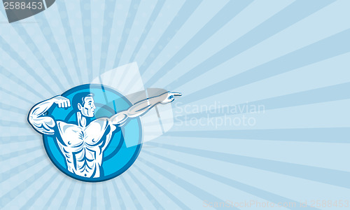 Image of Bodybuilder Flexing Muscles Pointing Side Retro