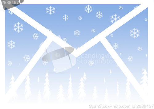 Image of Winter background with snowflakes and trees