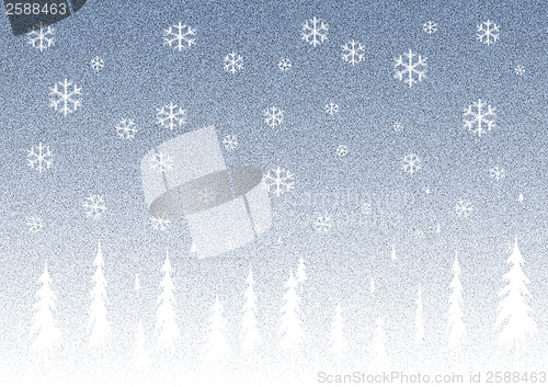 Image of Winter background with snowflakes and trees