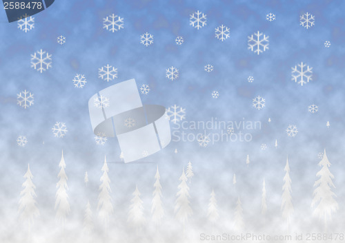 Image of Winter background with snowflakes and trees