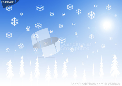Image of Winter background with snowflakes and trees